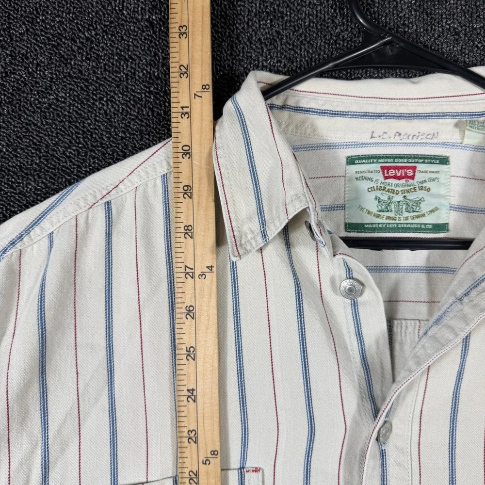 Vintage 90s Levis Red Tab Denim Work Shirt Mens L White Striped Western Workwear